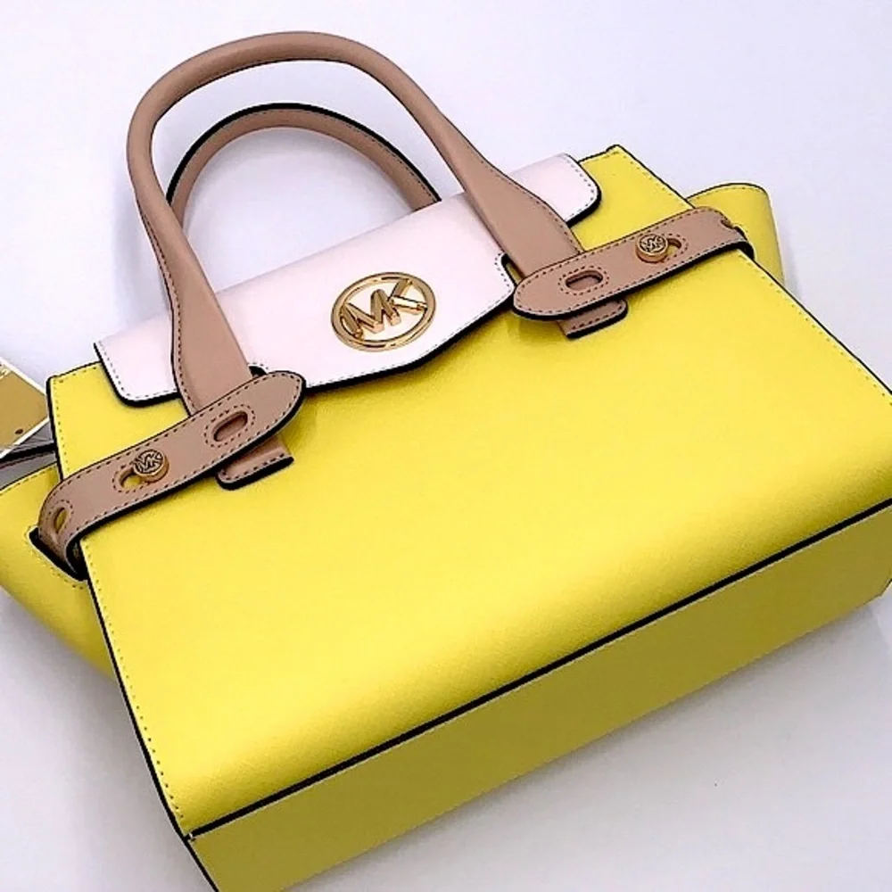 MICHAEL KORS Carmen Medium Color-Block Faux Saffiano Leather Belted Satchel